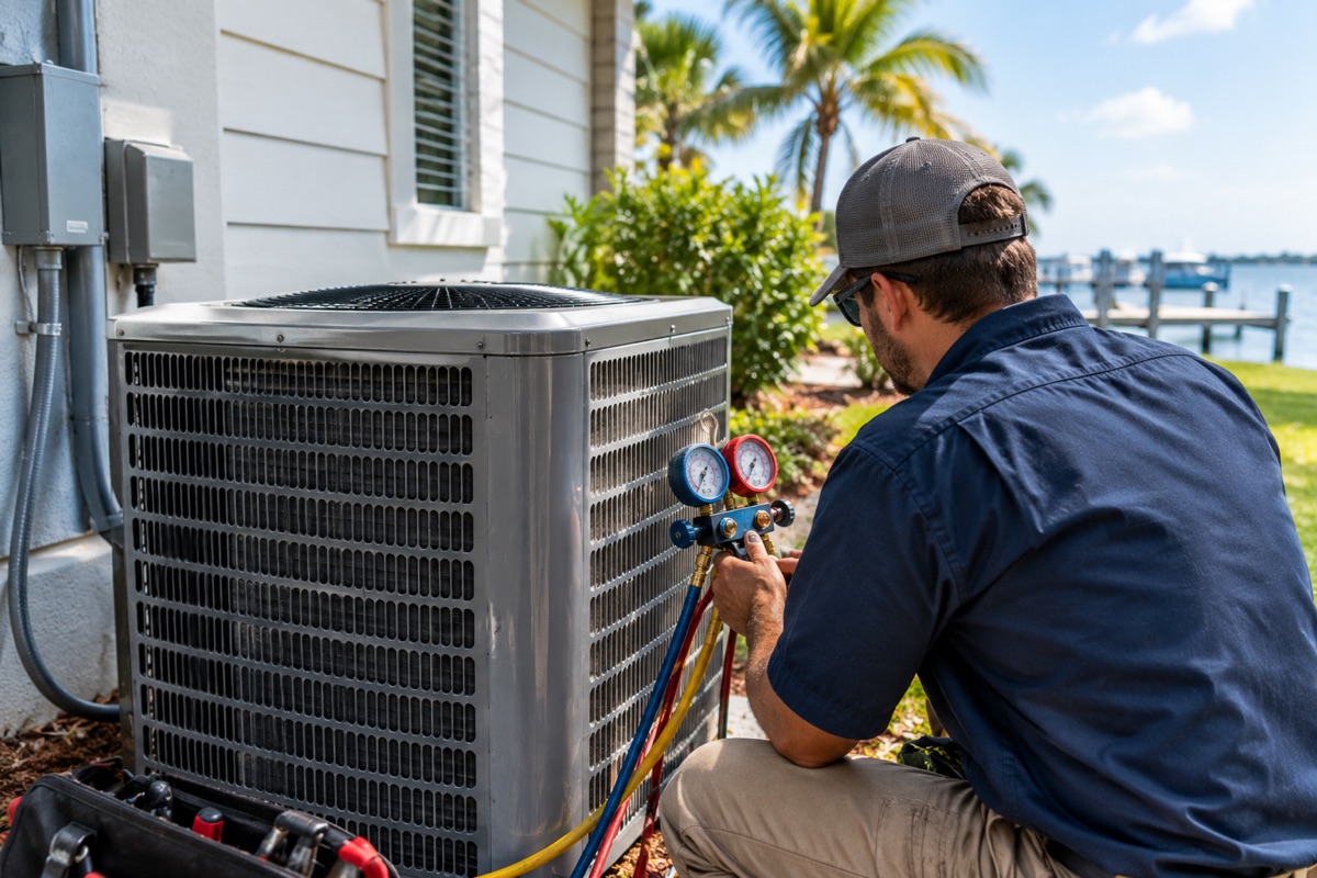 A technician in a cap kneels beside an outdoor A/C condenser at a Florida waterfront home, reading refrigerant pressures on a manifold gauge set