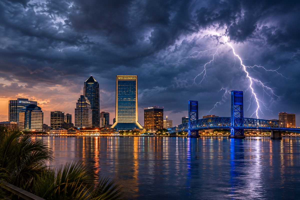 A lightning bolt striking beside the blue-lit Main Street Bridge under dark storm clouds over the downtown Jacksonville skyline and the St. Johns River at dusk