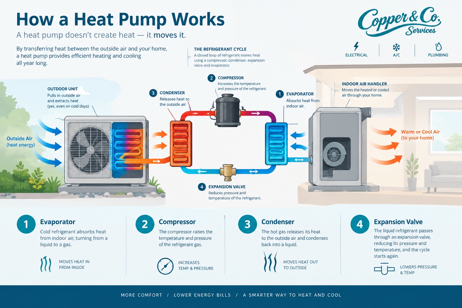 Illustrated diagram of how a heat pump works: an outdoor unit and an indoor air handler connected by a refrigerant loop running through a condenser, compressor, evaporator, and expansion valve