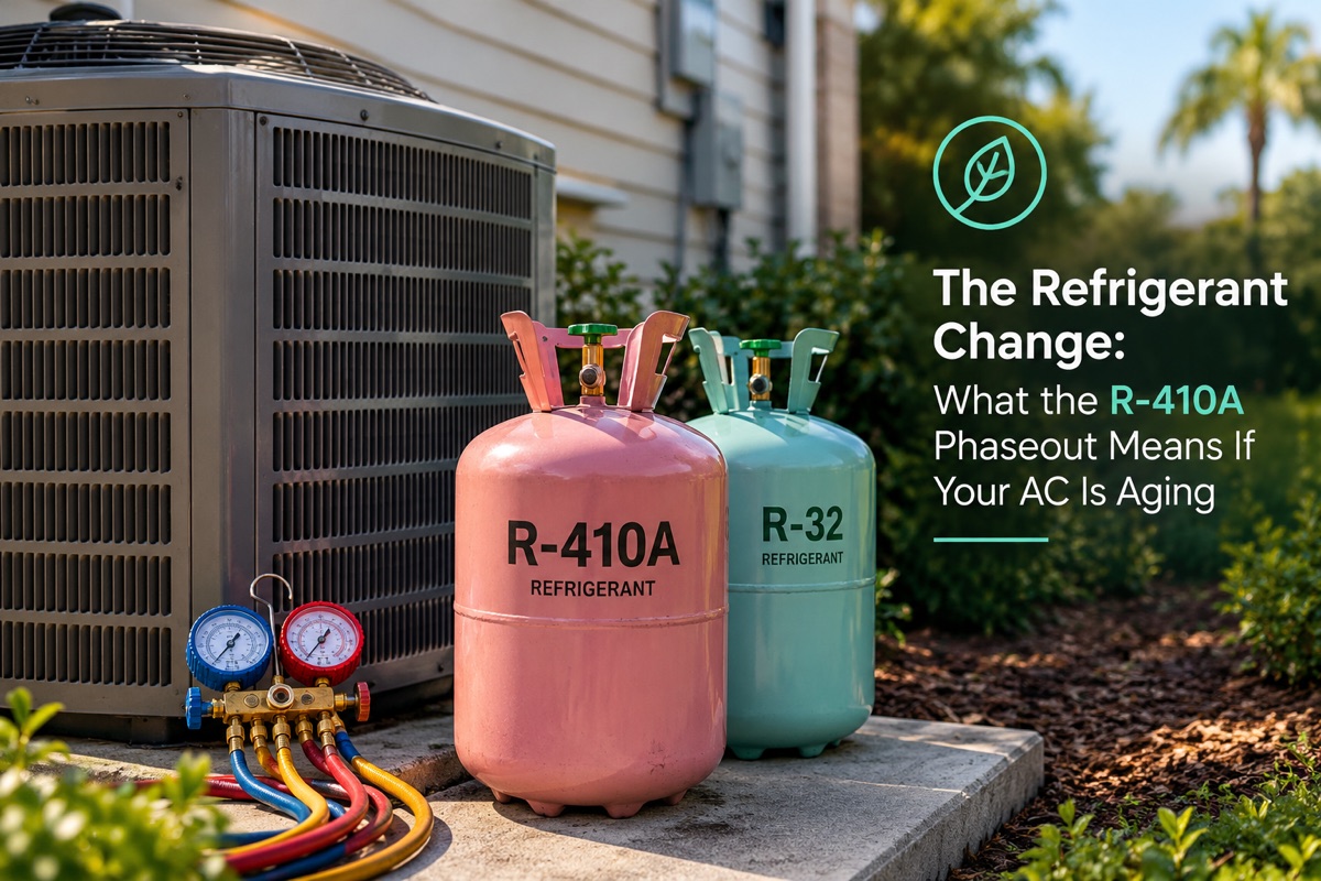 A pink R-410A refrigerant cylinder and a teal R-32 cylinder beside a manifold gauge set and an outdoor AC condenser at a Florida home