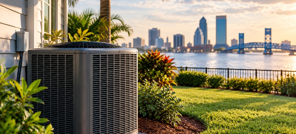A clean outdoor A/C unit beside a Jacksonville home, with the St. Johns River and downtown skyline behind it